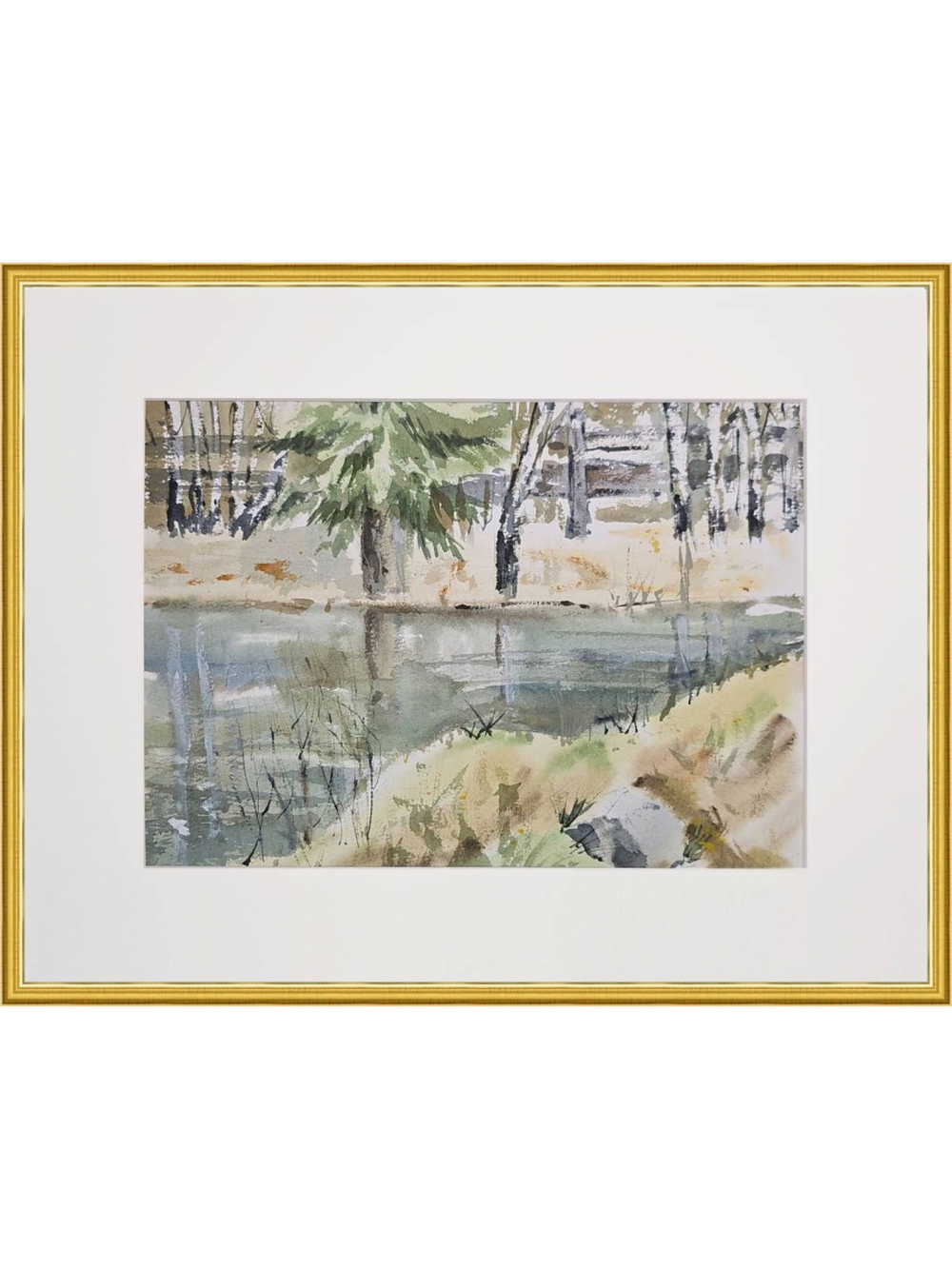 Картина авторская акварельная в паспарту 30х40 см на стену для интерьера "На берегу пруда в Тованово"