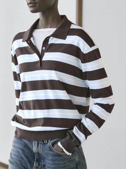 Massimo Dutti Свитер из хлопкового трикотажа в полоску, коричневый