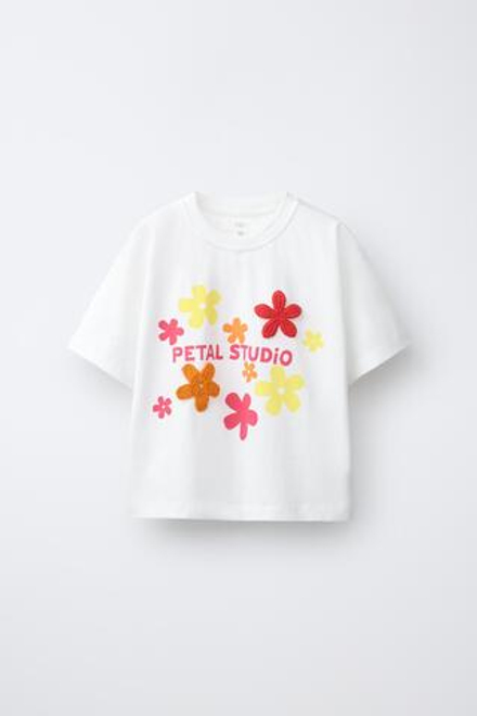 ZARA ФУТБОЛКА С ЦВЕТОЧНЫМ КРОШЕ, БЕЛЫЙ