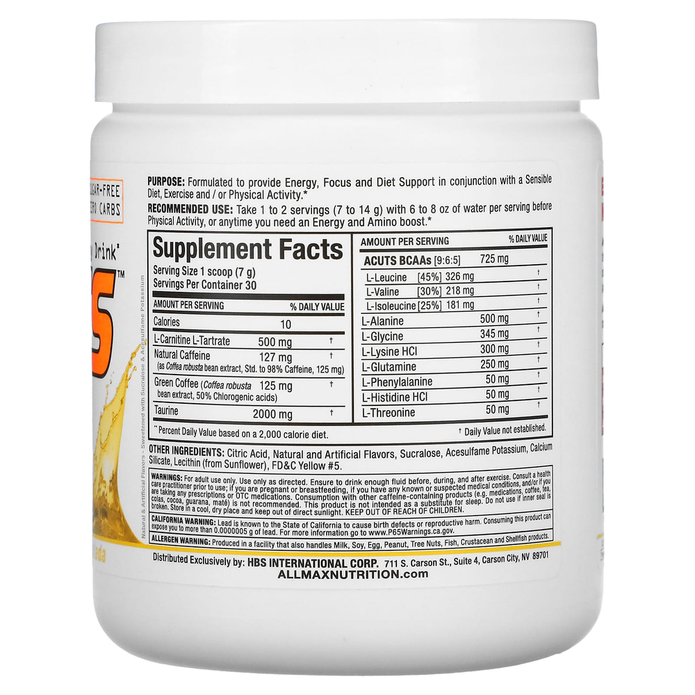 ALLMAX, ACUTS™, энергетический напиток с аминокислотами, со вкусом пина колады, 210 г (7,4 унции)