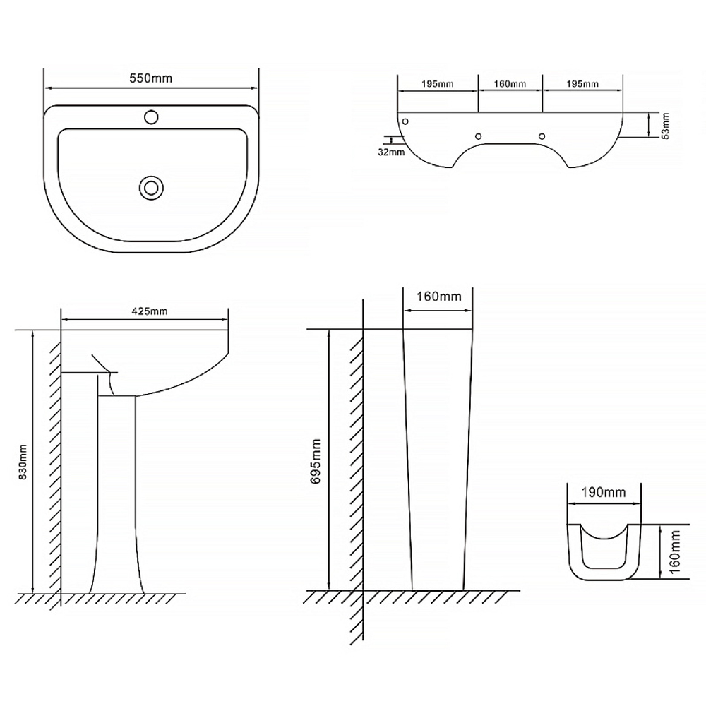 Раковина с пьедесталом Loranto Liri 550х425х830 санфаянс (CS-BMP009)