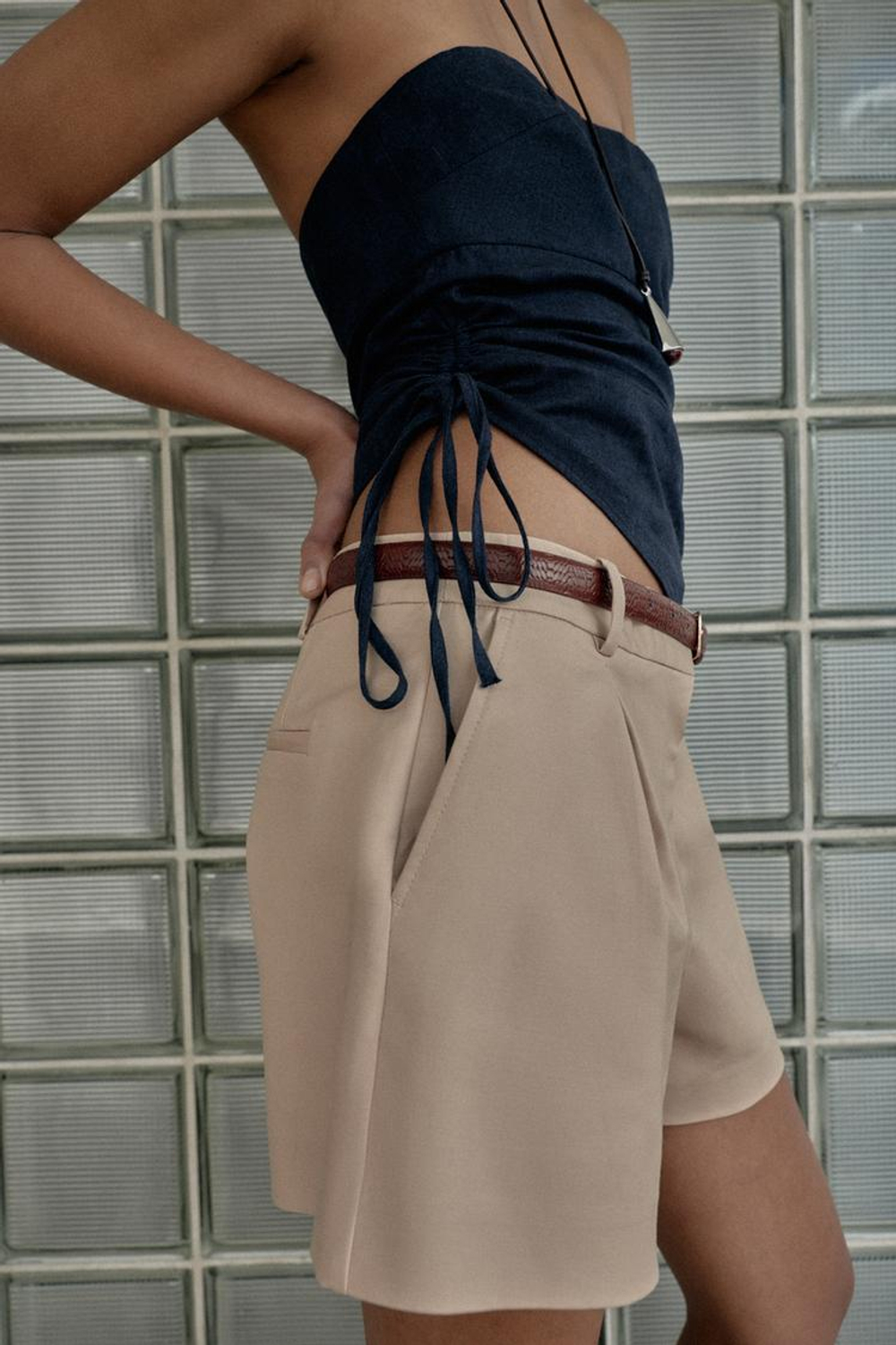 ZARA ДРАПИРОВАННЫЙ ТОП ИЗ ЛЬНА, СИНИЙ