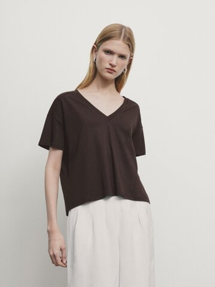 Massimo Dutti Футболка из хлопка с V-образным вырезом, коричневый