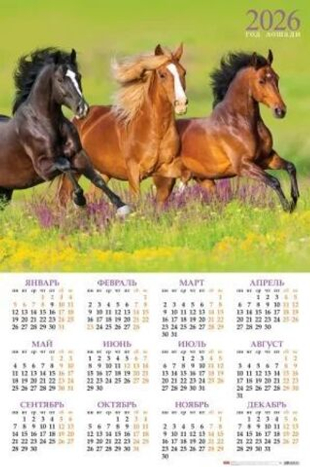 Календарь настенный листовой 598*900мм на 2026г. Год Лошади