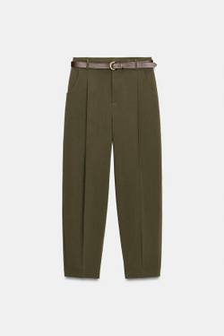 ZARA БРЮКИ С ЗАЩИПАМИ И РЕМНЕМ, ХАКИ