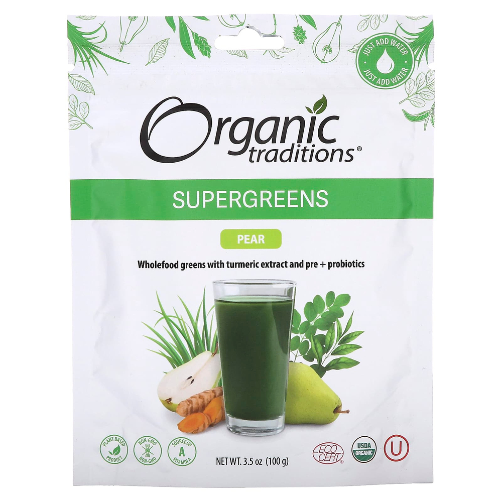 Organic Traditions, суперзелень, груша, 100 г (3,5 унции)