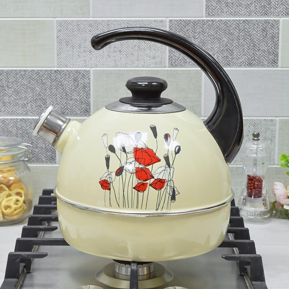 Чайник 4л со свистком, консольная ручка, слоновая кость "Полевые маки"