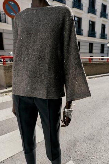 ZARA ВЯЗАНЫЙ СВИТЕР С ПАЙЕТКАМИ, ЗЕЛЕНЫЙ