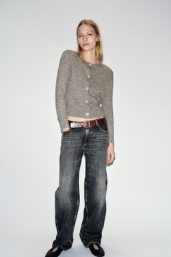 ZARА КАРДИГАН ИЗ КОМБИНИРОВАННОЙ ТКАНИ С ПОЯСОМ, СЕРЫЙ МЕЛАНЖ