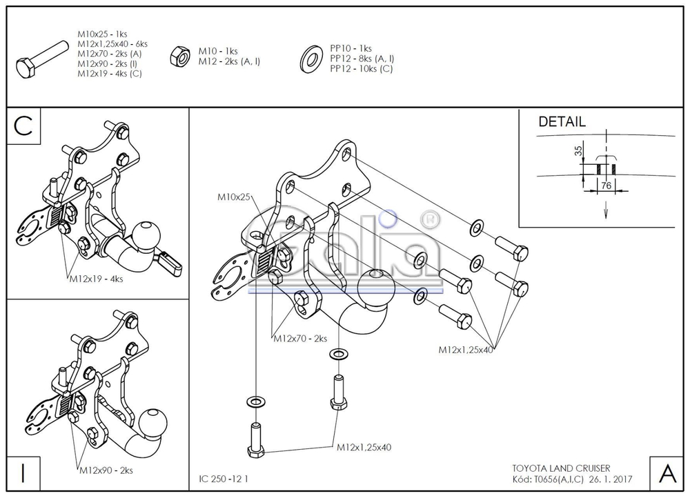 Фаркоп оцинкованный Galia T065A для Toyota Land Cruiser Prado 2003-2009, 2009-, Lexus GX 470 2003-2009, GX 460 2009-(паспорт и сертификат в комплекте)(без электрики)