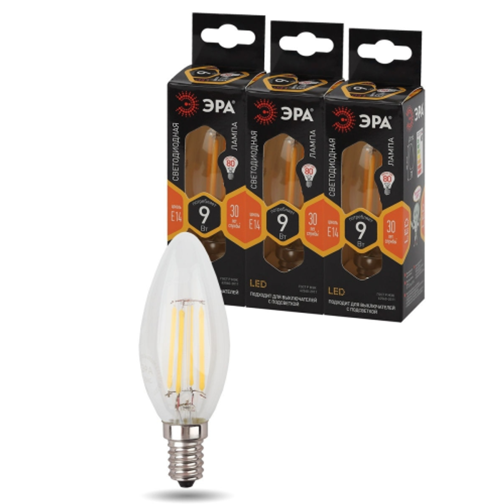 Лампа светодиодная ЭРА F-LED B35-9w-827-E14 9Вт филамент свеча теплый белый свет Е14 | Филаментные декоративные