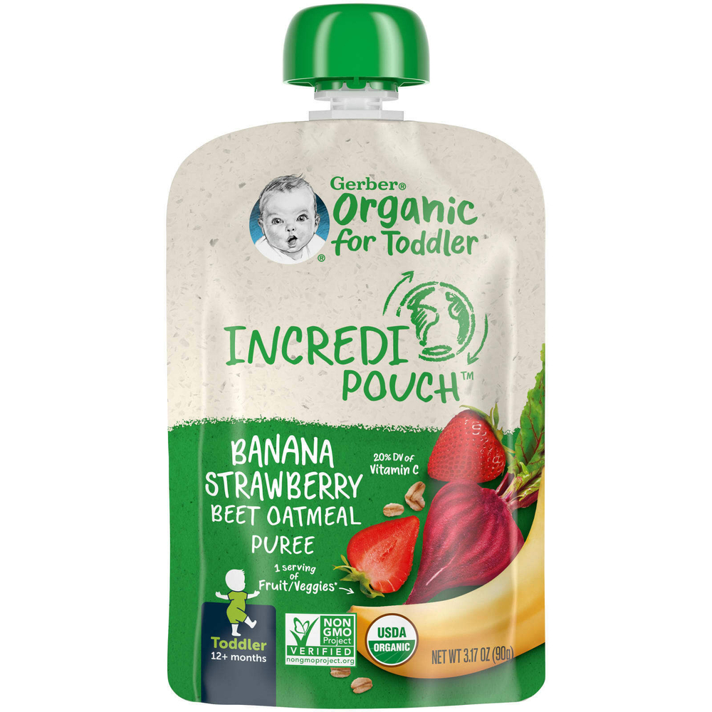 Gerber, Organic для малышей, от 12 месяцев, банан, клубника, свекла, овсяное пюре, 90 г (3,17 унции)