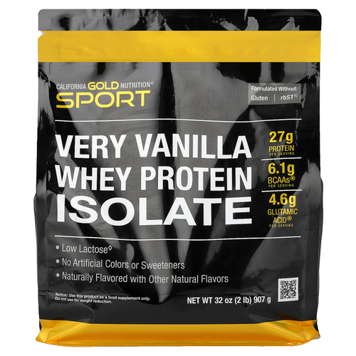 California Gold Nutrition, Sport, изолят сывороточного протеина с органическим тростниковым сахаром и подсолнечным лецитином, со вкусом ванили, 907 г (2 фунта)
