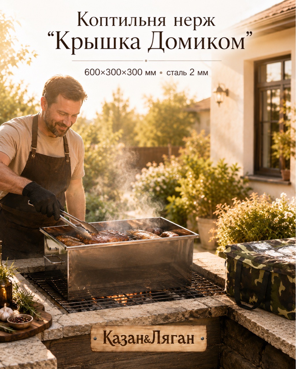 Коптильня нерж "Крышка Домиком" 600х300х300 2 мм