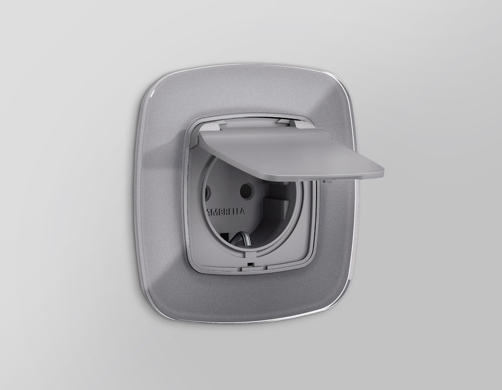 MO508010 Комплект механизма электрической розетки OMEGA Сталь матовый с/з с шторками и крышкой IP44 QUANT (OP5080, VM141)