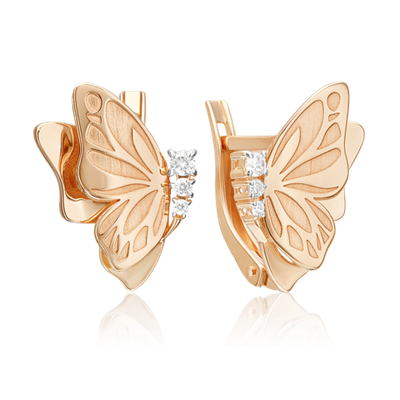 Серьги «Бабочки» с английским замком из красного золота с фианитами