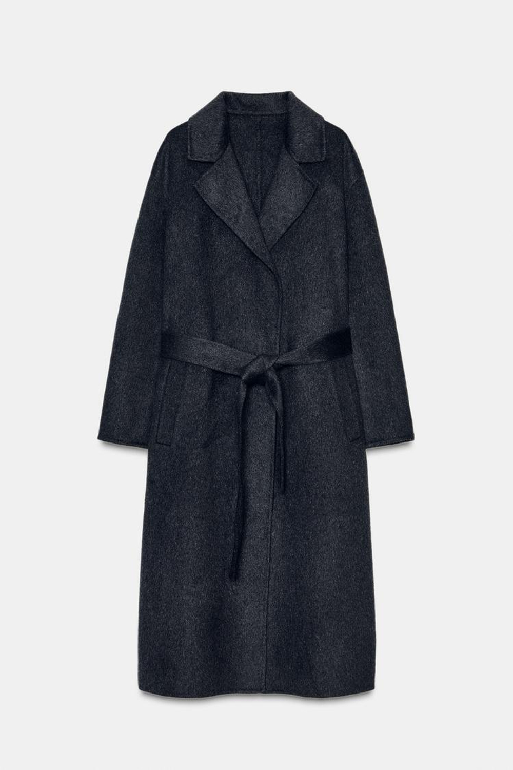 ZARA ДЛИННОЕ ПАЛЬТО ИЗ ШЕРСТИ С ПОЯСОМ, ТЕМНО-СЕРЫЙ