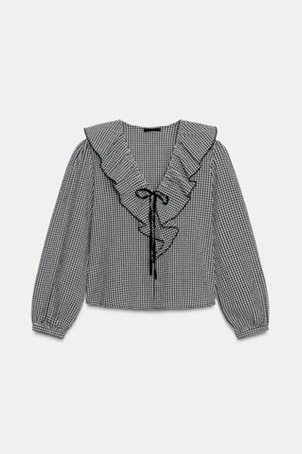 ZARA БЛУЗА В КЛЕТКУ ВИШИ С ВОЛАНАМИ, ЧЕРНЫЙ/ЭКРЮ
