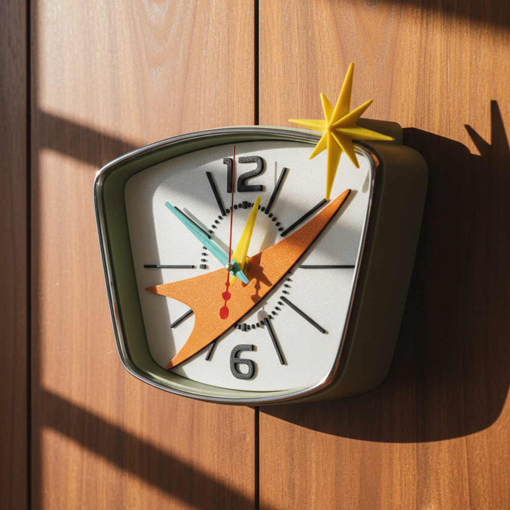 Настенные ретро-часы «Орбита-57» со светло-оливковым корпусом и хром-ободом, вдохновлённые космическим стилем 1950-х