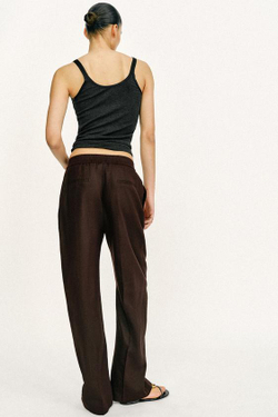 ZARA БРЮКИ ПРЯМОГО КРОЯ ИЗ СМЕСОВОГО ЛЬНА, ТЕМНО-КОРИЧНЕВЫЙ
