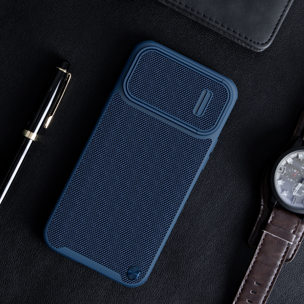 Чехол синего цвета для iPhone 13 Pro Max от Nillkin, серия Textured Case S (покрытие нейлонового волокна), полуавтоматическая механизм сдвижной шторки