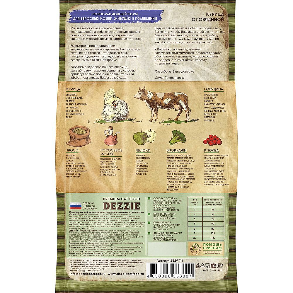 DEZZIE Indoor Adult Cat Сухой корм для взрослых кошек живущих в помещении 2кг Курица с Говядиной