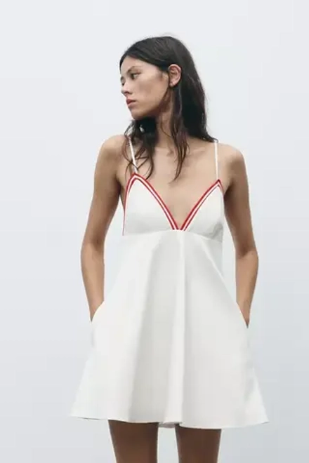 ZARA КОРОТКОЕ ПЛАТЬЕ С КОНТРАСТНЫМИ ДЕТАЛЯМИ В РУБЧИК, БЕЛЫЙ