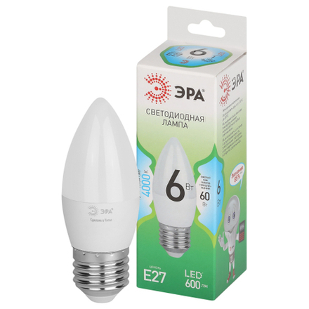Лампа светодиодная ЭРА GREEN LINE LED B35-6W-840-E27 GL 6Вт свеча яркий белый свет E27
