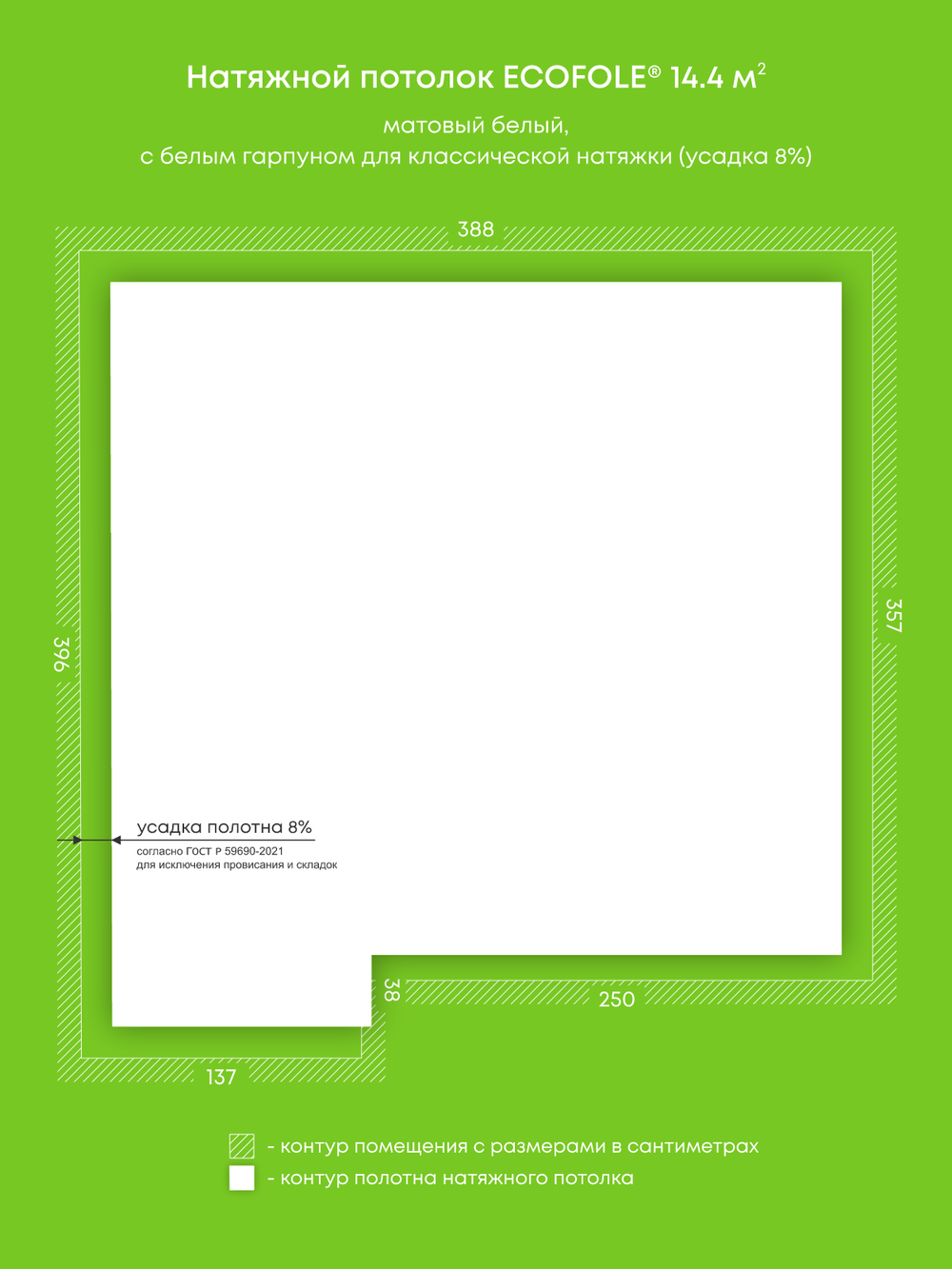 Матовый натяжной потолок 14.4 м2