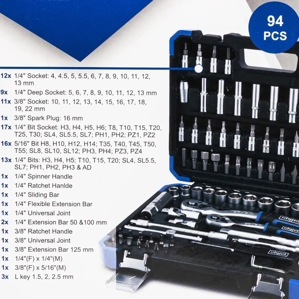 Набор инструментов 1/4'' 3/8'', 94пр. (6-гран) Scheppach Sch-4941-5DS