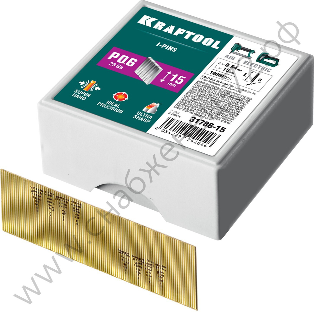 KRAFTOOL тип 23GA (P0.6) 15 мм, 10 000 шт, шпильки для нейлера (31786-15)