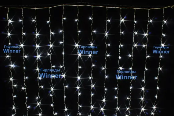 Занавес с мерцающим диодом 2*2 м., 220V, 240 холодных белых LED ламп, соединяемый, прозрачный провод, Winner (w.03.5T.240+)