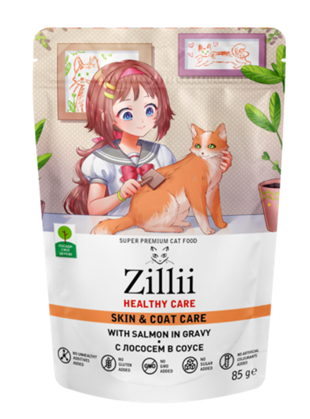 ZILLII Пауч для взрослых кошек, для улучшения кожи и шерсти с лососем в соусе 0,085 кг