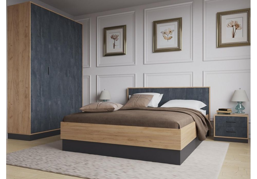 Двуспальная кровать Леви 160х200 дуб крафт золотой / черный / угольный камень