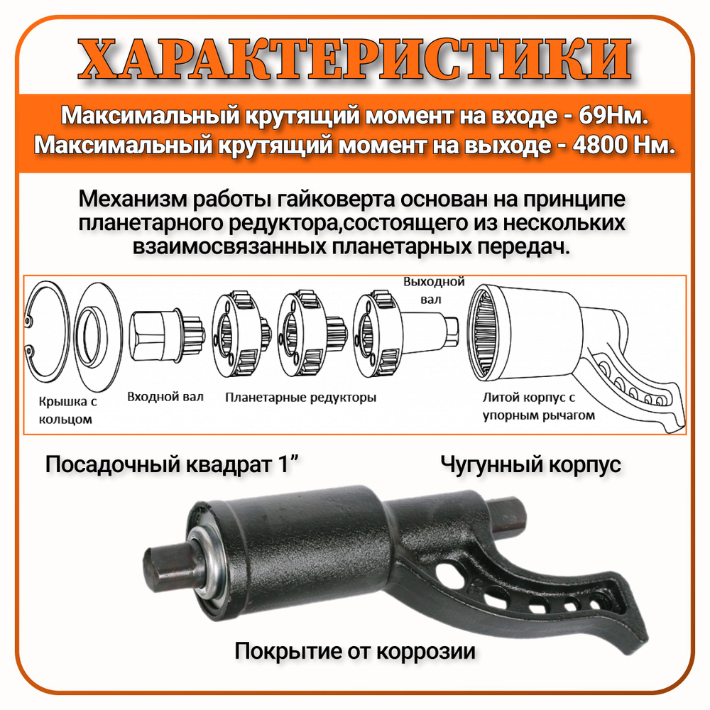 Гайковерт ручной мясорубка 1" с удлинителем 26 см, 4800 Нм, 1:69