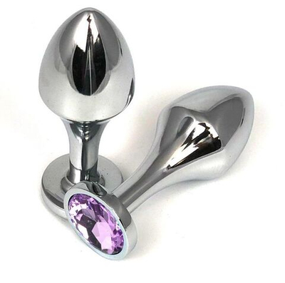 Серебристая анальная пробка на удлиненной ножке с сиреневым кристаллом - 9 см. (Цвет: сиреневый)