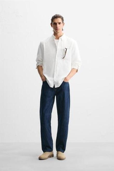 ZARA РУБАШКА ИЗ ХЛОПКА И ЛЬНА, БЕЛЫЙ