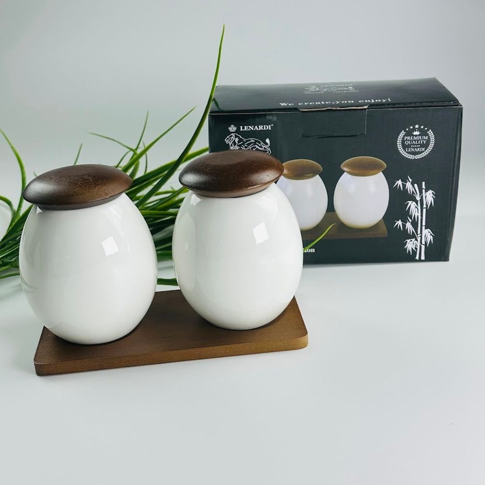 Lenardi 235-031 Набор из 2 банок 12см с крышками на подставке TROPICAL в под.уп.(х18)Фарфор