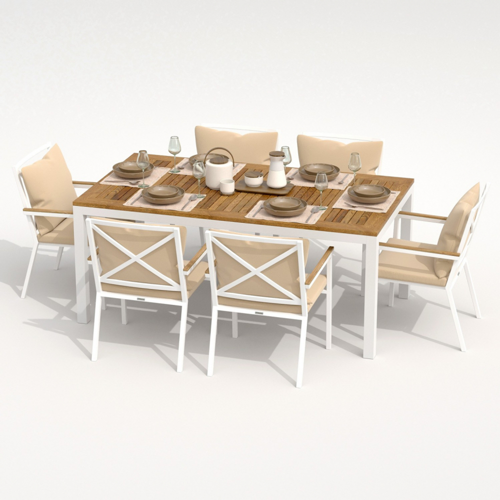 Обеденная группа Ideal Patio  ТЕЛЛА ФЕСТА плюс каркас белый, стол тик 180, ткань бежевая