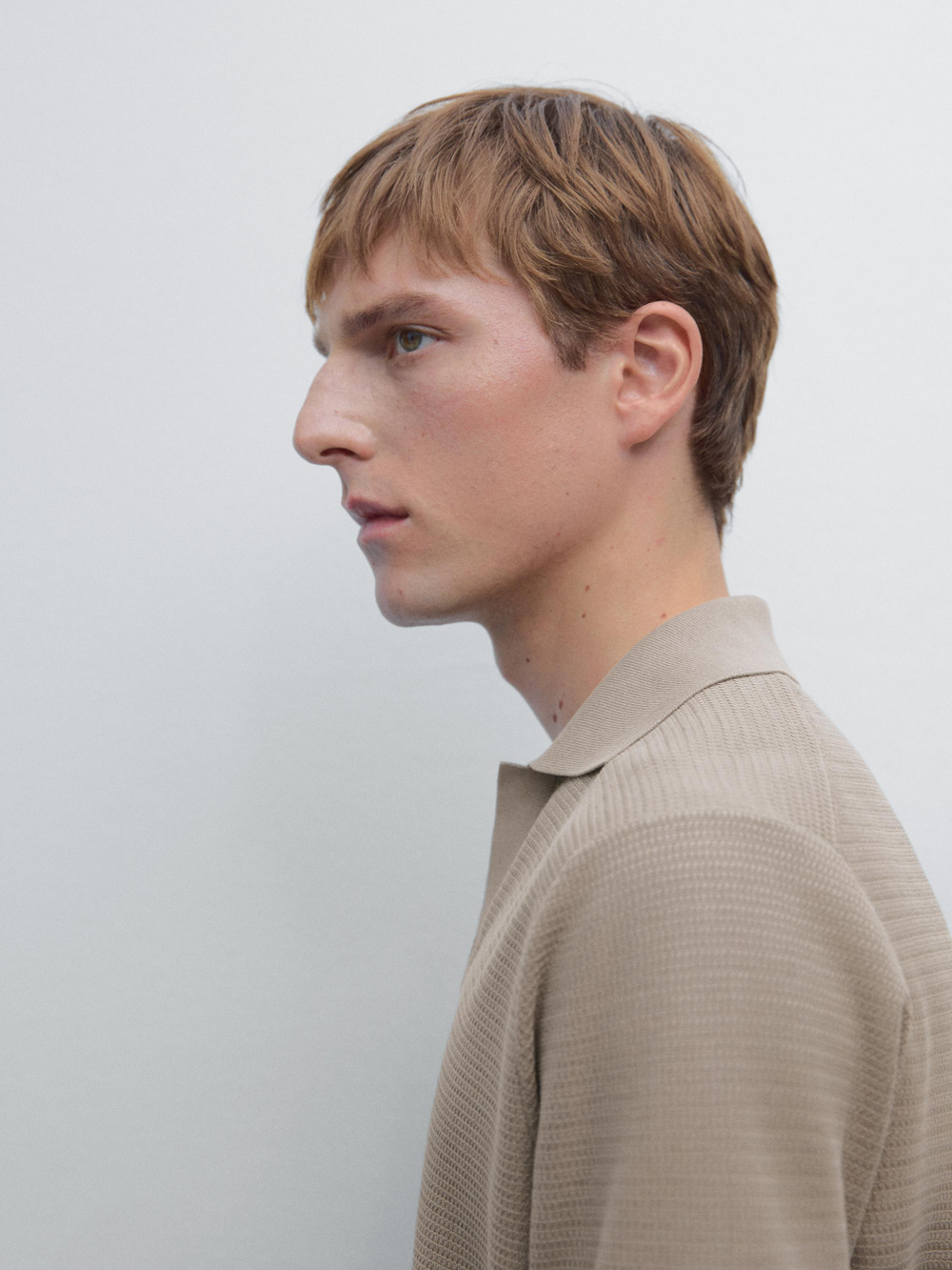 Massimo Dutti Вязаная футболка-поло с V-образным вырезом, бежевый