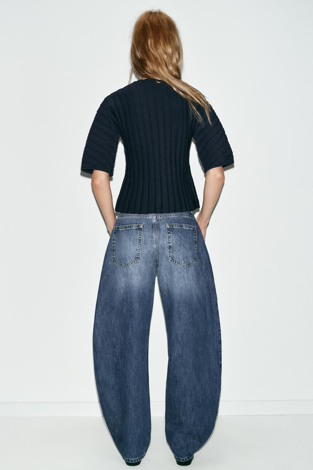 ZARA ТОП В РУБЧИК С ОБЪЕМНЫМИ РУКАВАМИ, МОРСКОЙ СИНИЙ