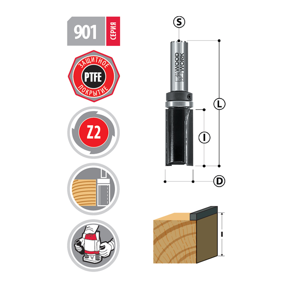 Фреза прямая с подшипником D=28,6 мм I=38 мм S=12 мм Woodwork 901.2838.12