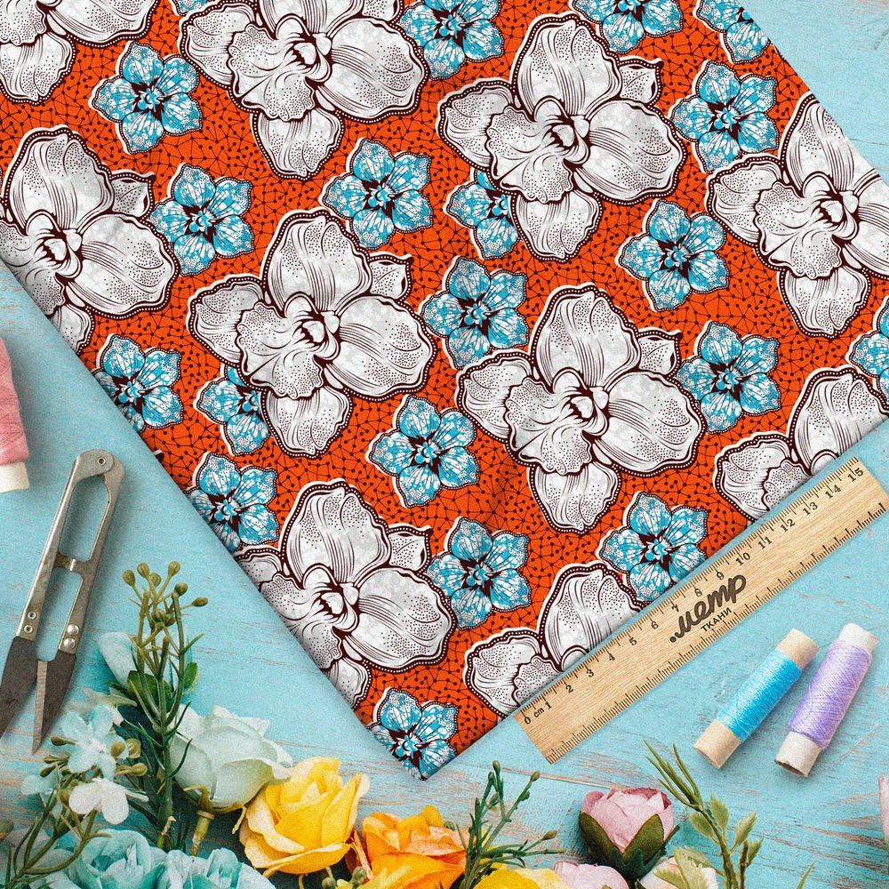 Ткань оксфорд 600 белые цветы с голубыми