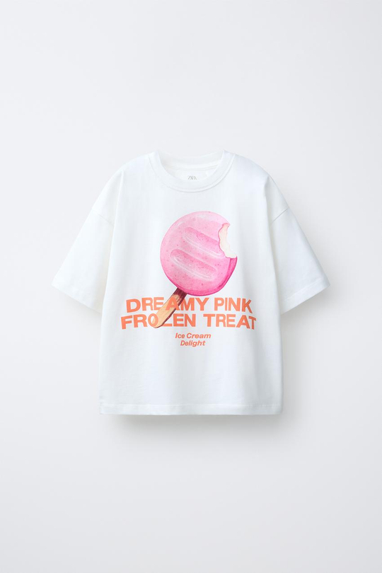 ZARA ФУТБОЛКА С ПРИНТОМ «МОТИ», ЦВЕТ ЛЬДА