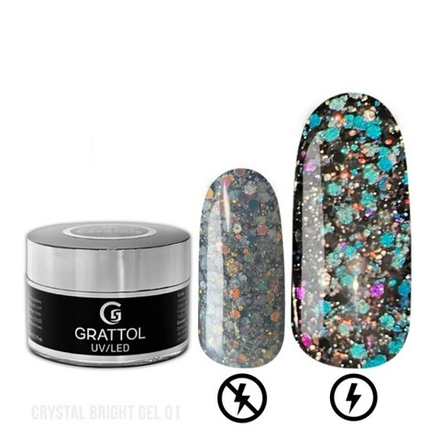 GRATTOL Гель с светоотражающим крупным глиттером Gel Crystal Bright 01, 15 мл