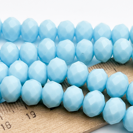 Бусины рондель с огранкой, стекло, цвет светло-голубой матовый, размер около 7,7*9,7 мм, цена за 24-25 шт (1/2 нити)