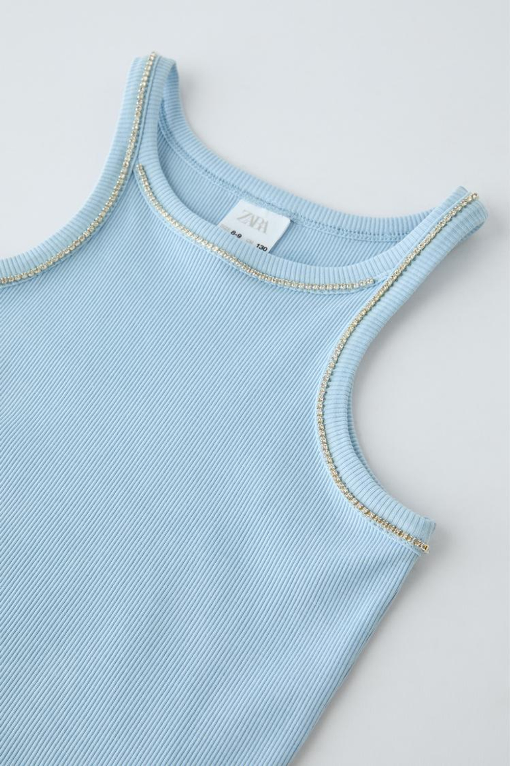 ZARA ТОП В РУБЧИК СО СТРАЗАМИ, ГОЛУБОЙ