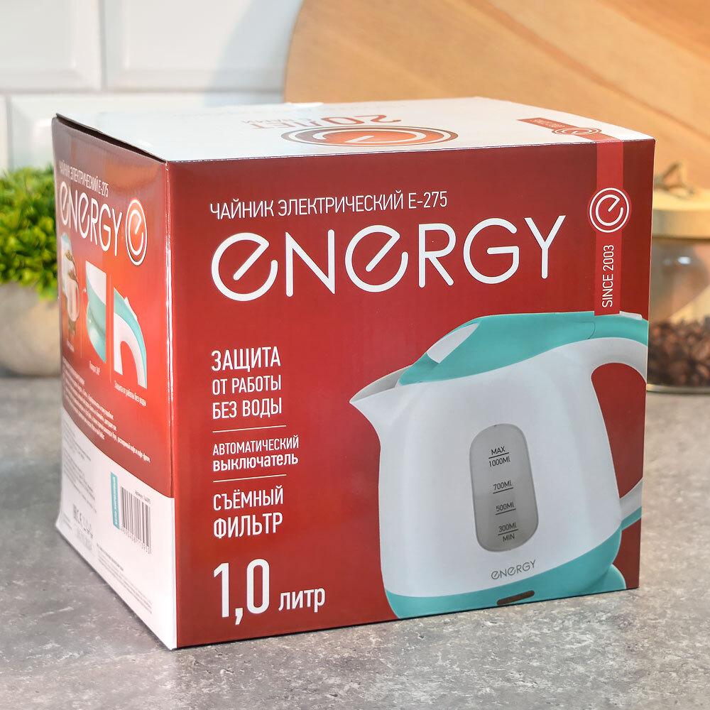 Чайник электрический 1л ENERGY E-275 пластик бело-бирюзовый