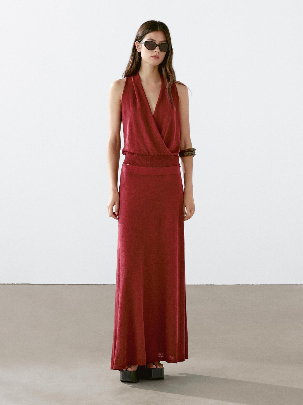 Massimo Dutti Длинная юбка из льняного трикотажа с воланом, темно-розовый