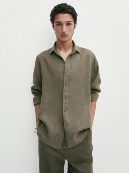 Massimo Dutti Рубашка классического кроя из 100% льна, зеленый